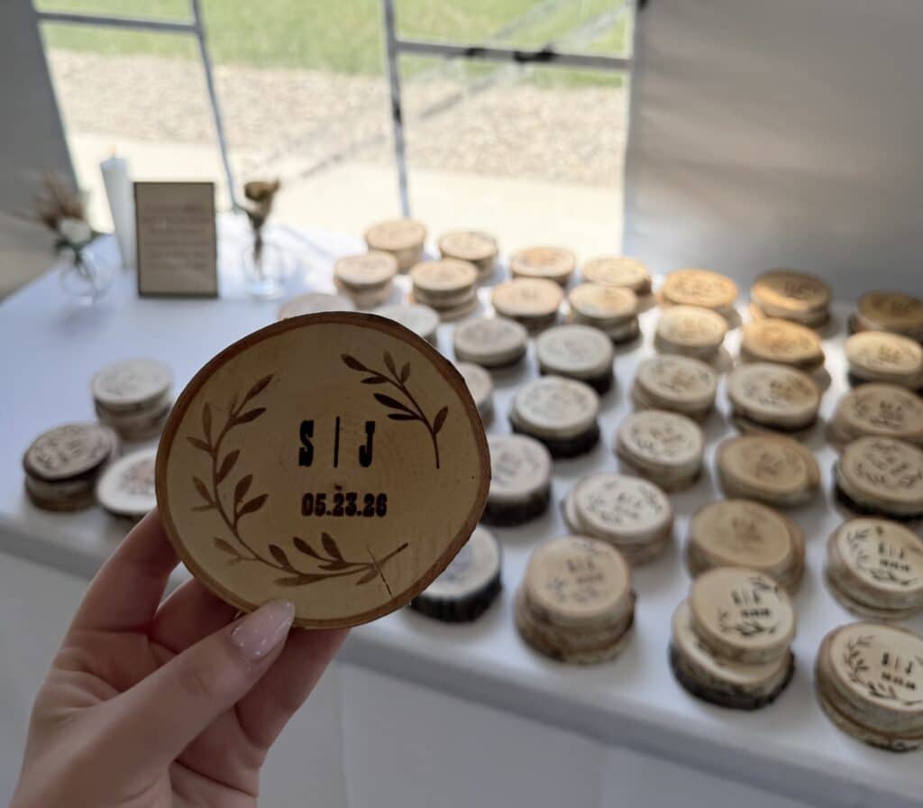 Personalized wooden wedding favors with engraved initials and date