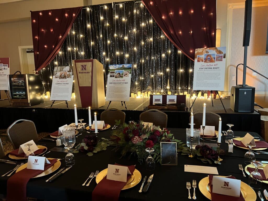 Elegant gala stage with podium and string lights