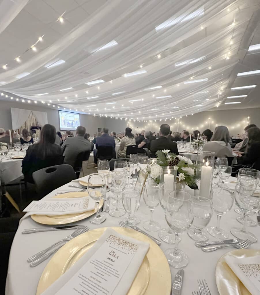 Gala banquet with draped lights and seated guests