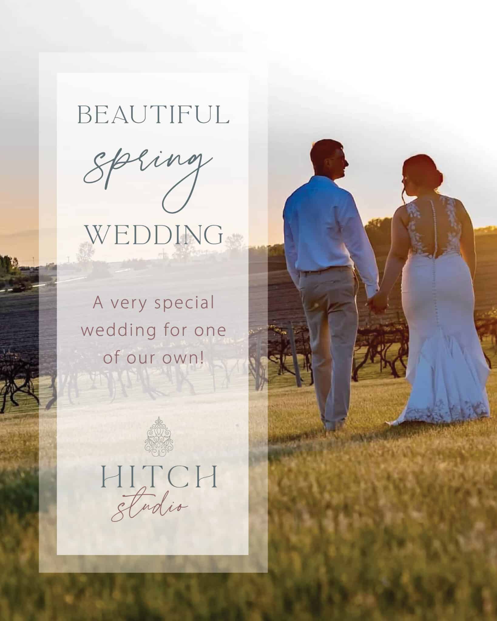 Bride and groom walking at sunset wedding