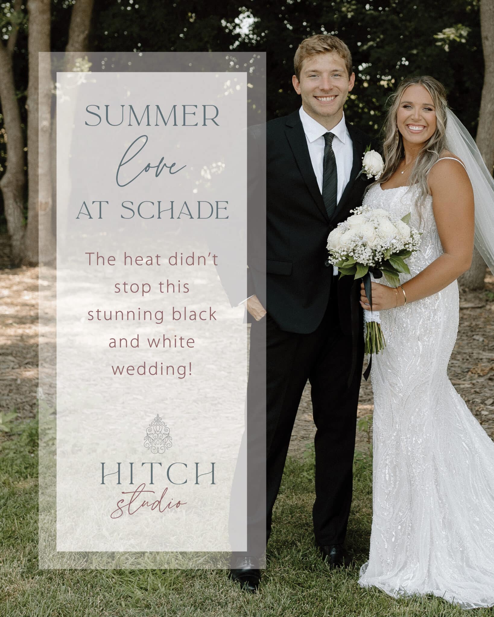 Distorted wedding portrait with bride, groom, and floral text overlay