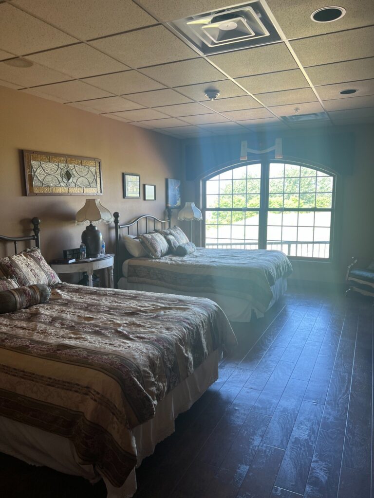Sunlit bedroom with two patterned beds and arched window