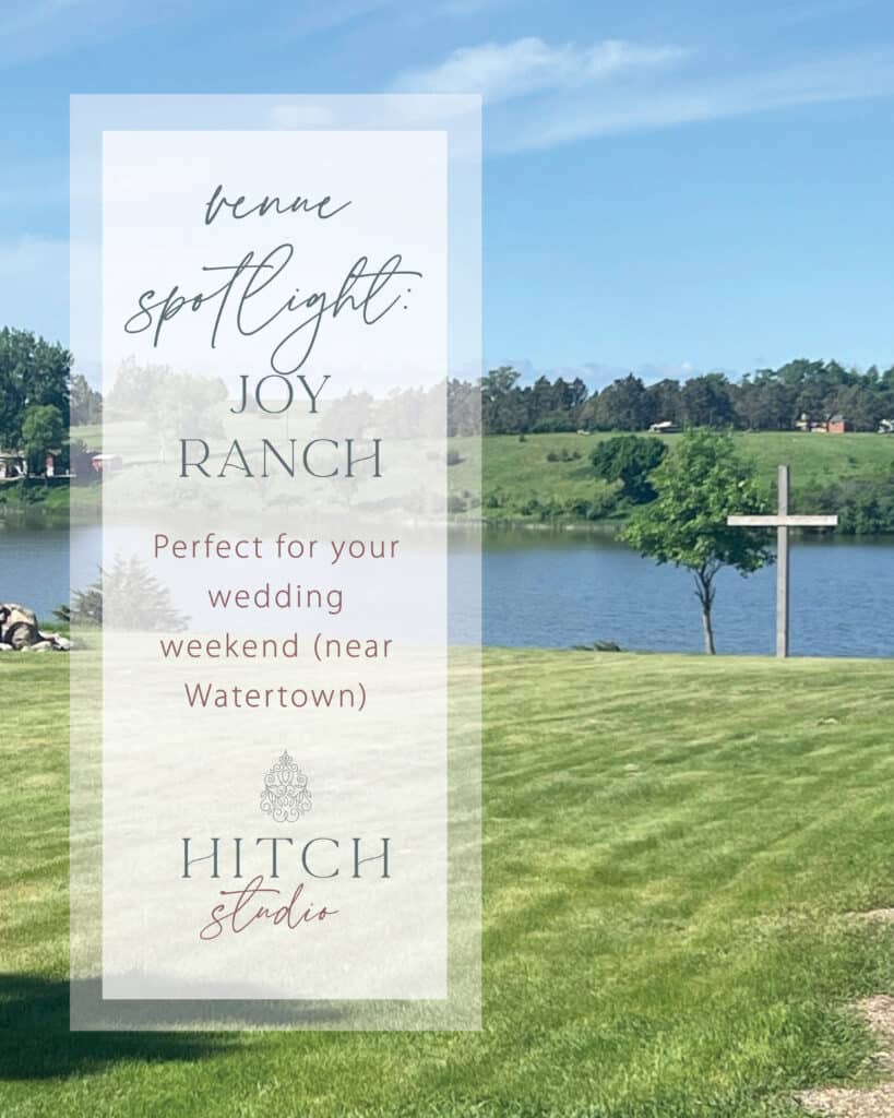 Wedding ranch invitation over scenic vineyard and pond