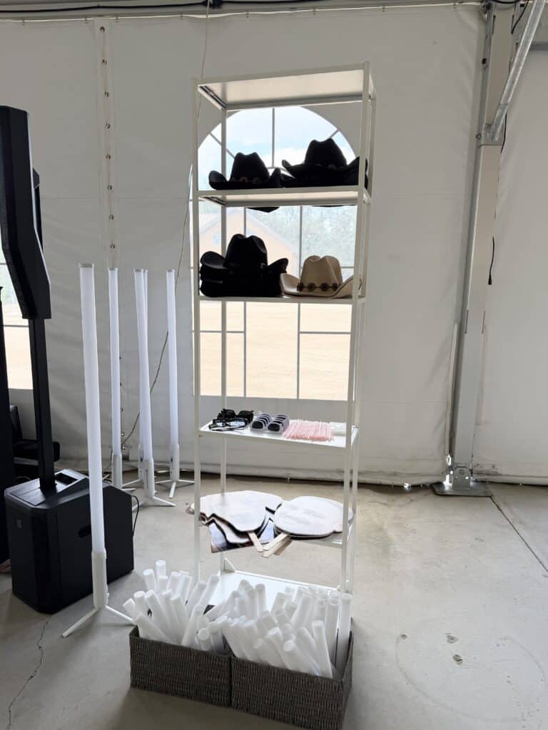 Mannequin busts and sunglasses on white retail shelving