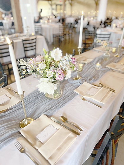Elegant wedding reception table with floral centerpiece and candles
