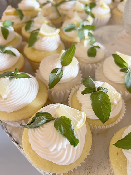 Lemon cupcakes topped with white frosting and fresh mint