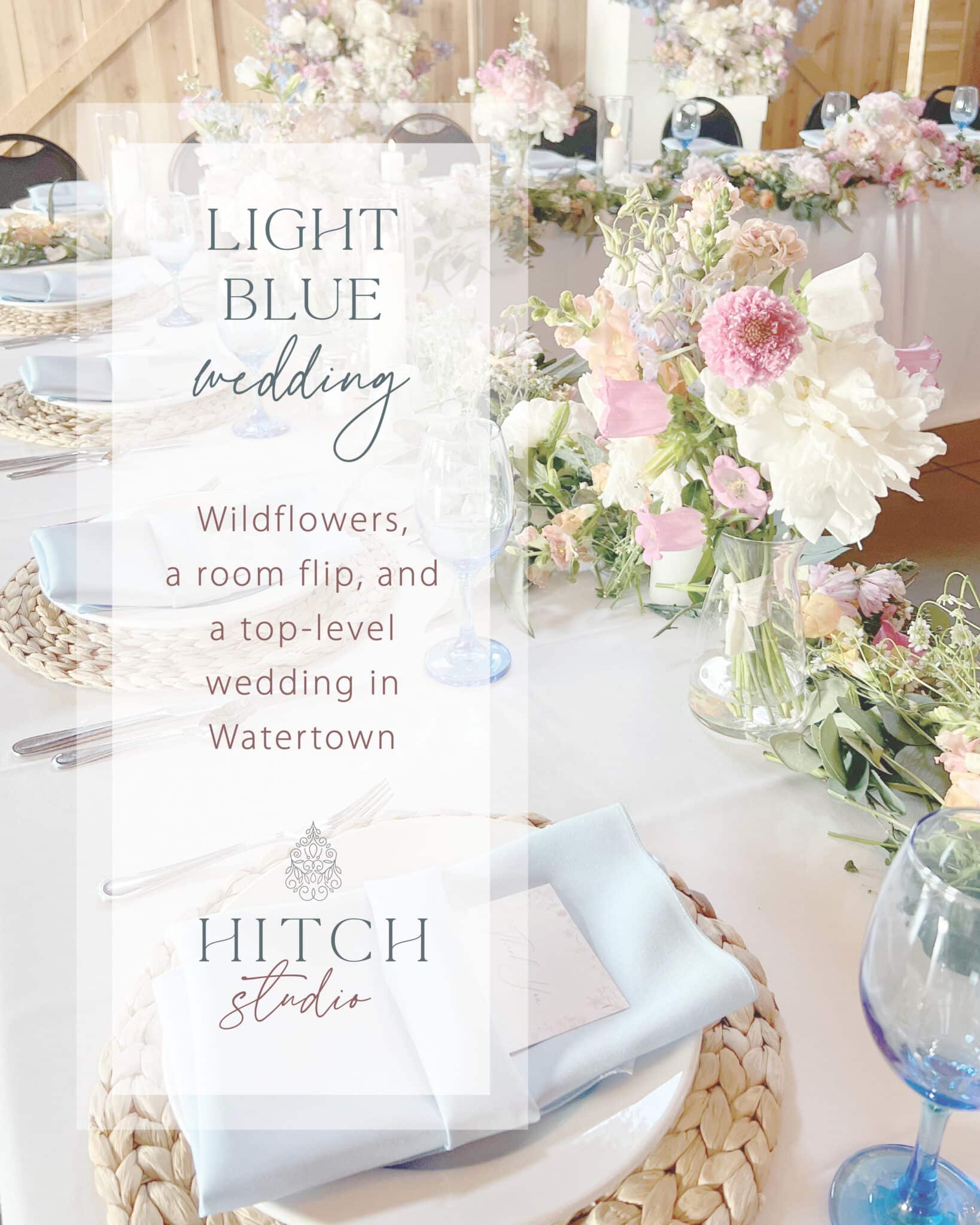 Pastel floral wedding table setting with elegant invitation text